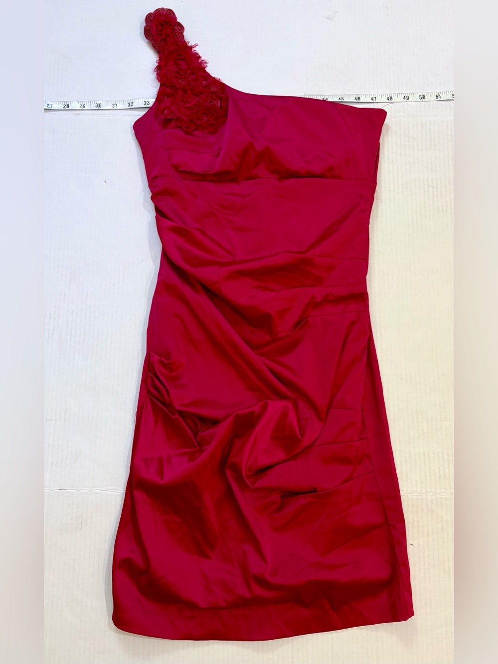 Body Central One-Shoulder Rose Red Satin Dress with Floral Applique